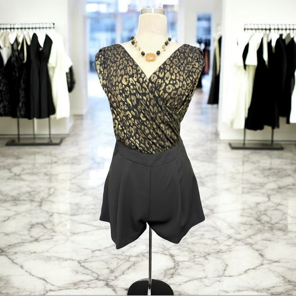 Zara Basic Collection Black and Gold Leopard Print Short Romper | Size Medium - Picture 1 of 11